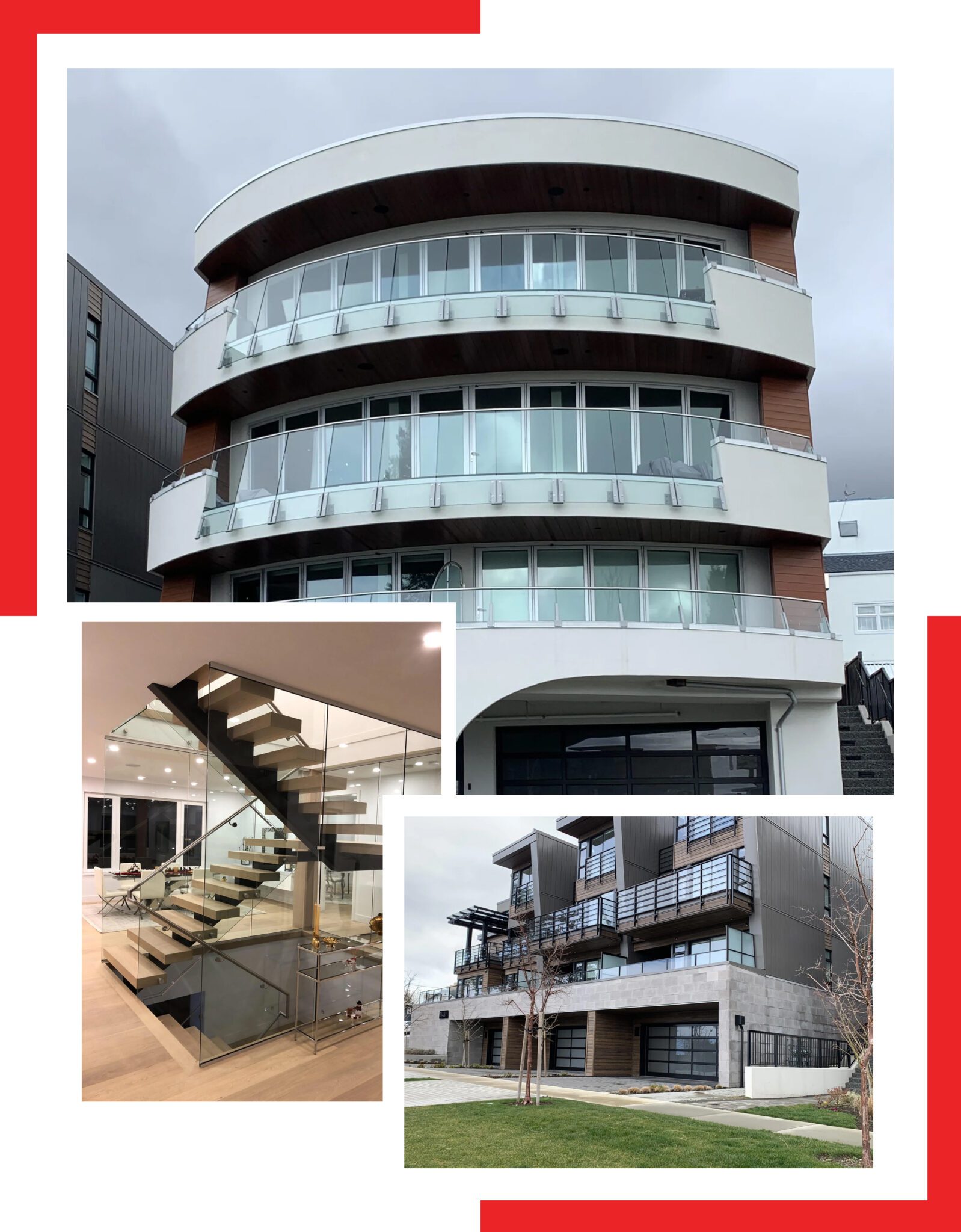 3 Different Images of Staircase and Glass Railing in Homes and Buildings